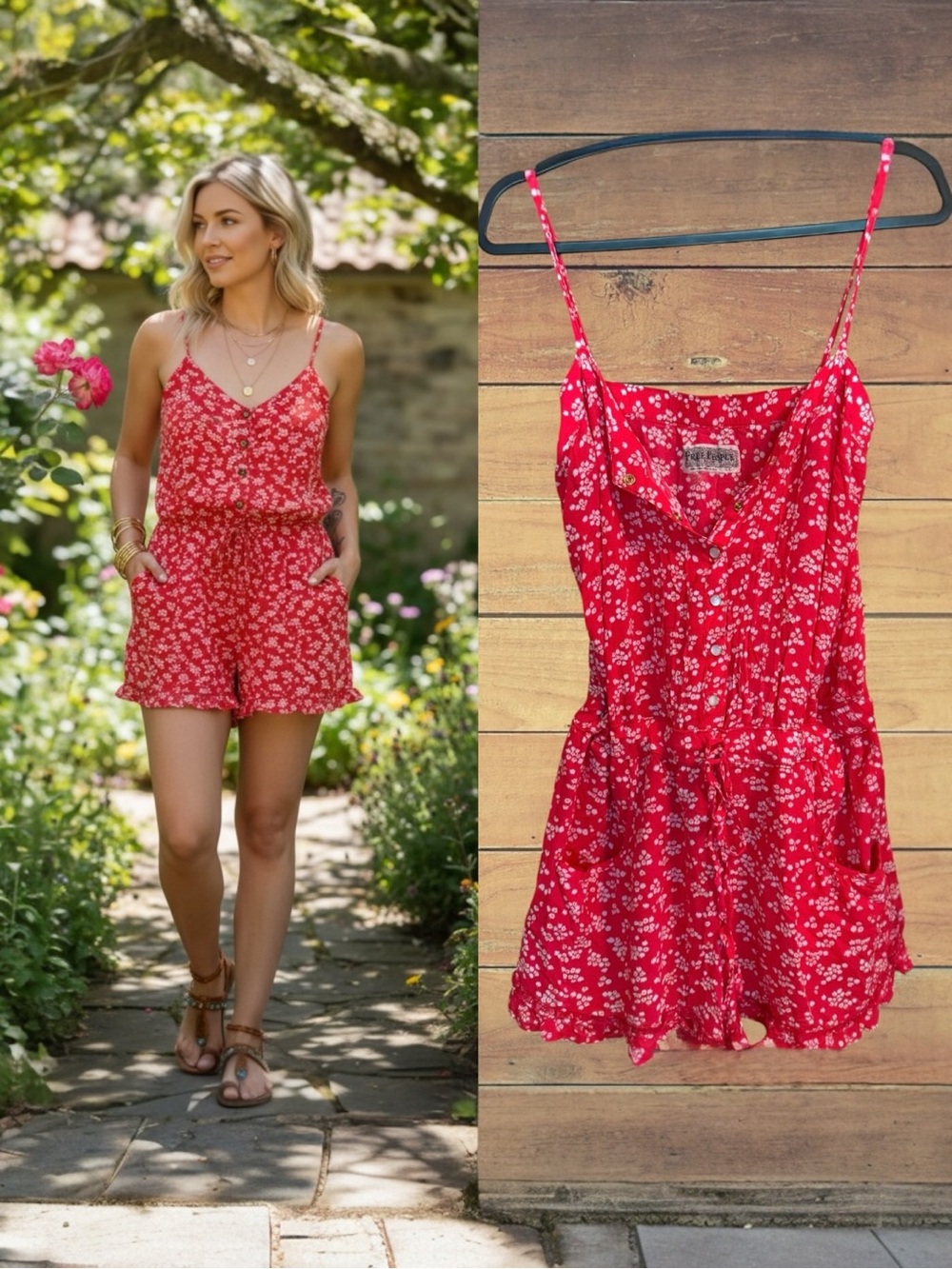Free People Floral Snap Front Romper Red White Daisy Print Drawstring Ruffle L